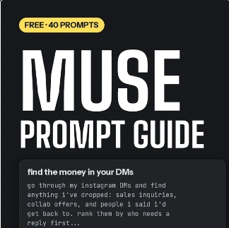 Cover for The Muse Prompt Guide. 40 copy-and-paste prompts for using Meta's Muse with your Instagram content, comments, saves, and DMs.